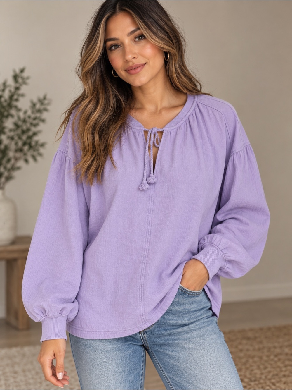 Aerie Lavender Tie-Neck Balloon Sleeve Pullover Top L